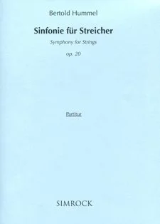 Couverture bleu clair et sobre d'un recueil de partitions, titre : « Bertold Hummel, Symphonie pour cordes – Symphony for Strings, op. 20, partition », éditions Simrock
