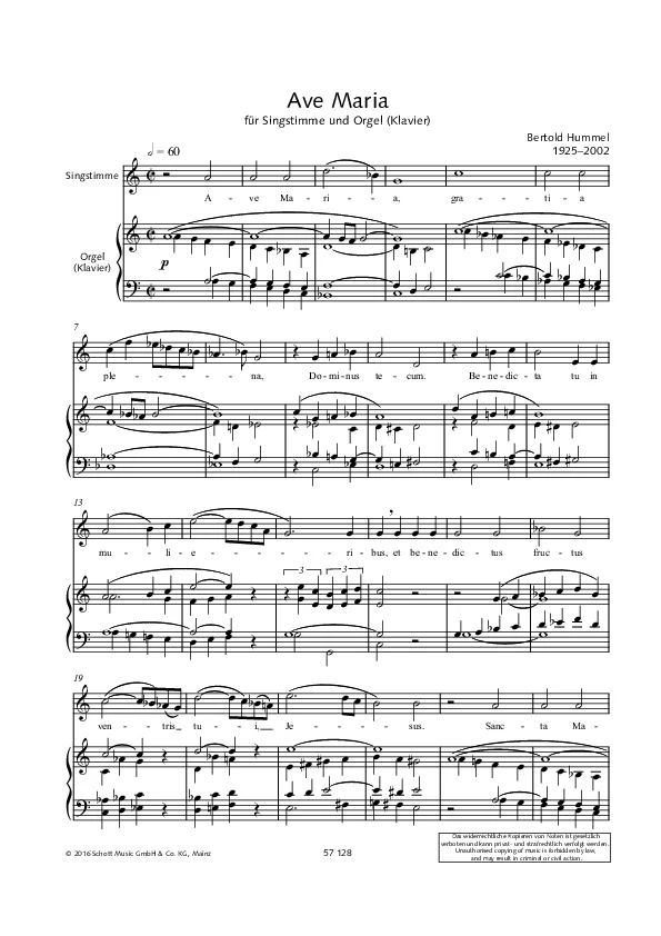 Bertold Hummel: Ave Maria für Singstimme und Orgel (Klavier) oder Streichquartett (Fassung für Orgel/Klavier)