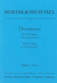Kleines weißes Notenheft-Cover, Titel „Bertold Hummel, op. 36, Divertimento für 4 Violinen (oder Violin-Orchester)/for 4 Violin (or Violin-Orchestra), Partitur/Score“, Verlag Anton J. Benjamin GmbH · N. Simrock Hamburg