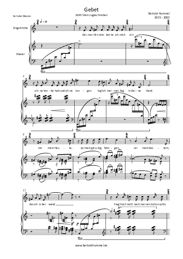 Bertold Hummel: Gebet (Text: Edith Stein zugeschrieben), für Singstimme und Klavier (hohe Stimme)