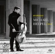 CD-Cover „Afierossis“ (ARS, SACD) von Michael Heupel, Cello; Porträtfoto des Cellisten mit Instrument.