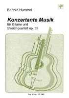 Hellgrünes Notenheft-Cover mit Zeichnung einer Gitarre und Streichinstrumenten, Titel „Bertold Hummel, Konzertante Musik, für Gitarre und Streichquartett, op. 89“, Trekel-Verlag