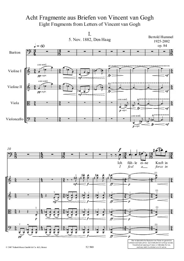Bertold Hummel : 8 fragments de Van Gogh, op. 84, n° 1 (partition)